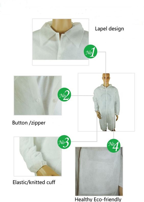 La poussière jetable blanche adapte à des vêtements de sécurité avec la couture de Serged de collier